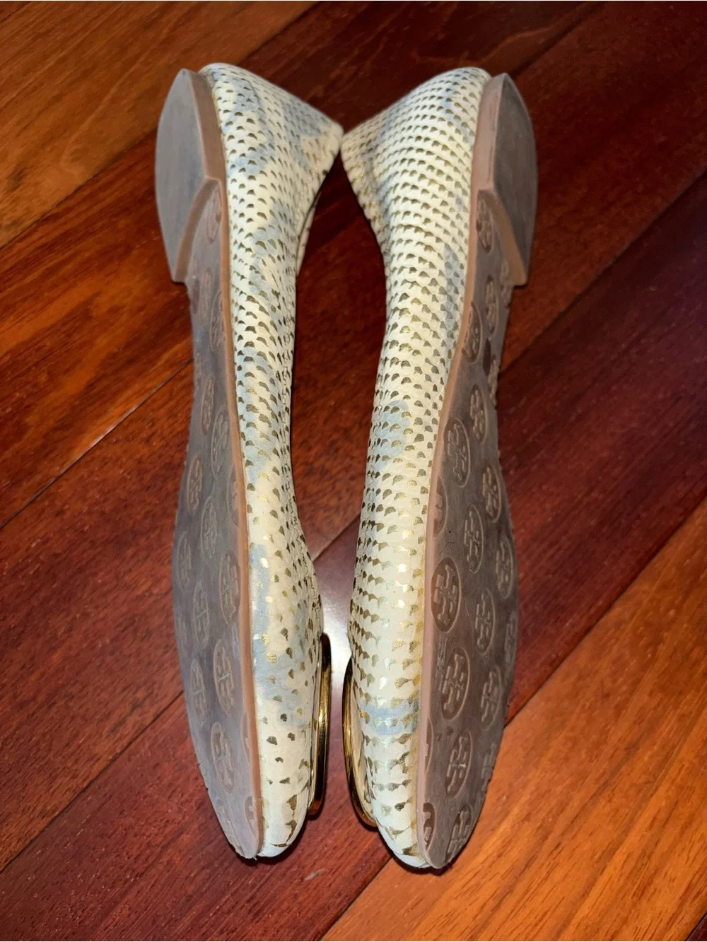 Tory Burch Cream Snakeskin-Embossed Ballet Flats with Gold Logo